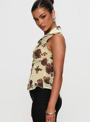 Present Tense Sheer Ruched Top Yellow Floral