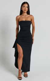 Andrea Midi Dress - Strapless Ruffle Dress in Black