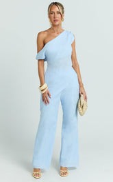 Annalie Two Piece Top and Pants Set - Off Shoulder Linen Set in Baby Blue