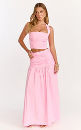 Anya Two Piece Top and Skirt Set - Gathered Halted Neck Top And High Waist Maxi Skirt in Pink