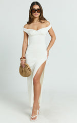 Anziel Maxi Dress - Underwire Off Shoulder Backless Column Jersey Tie Back in Off White