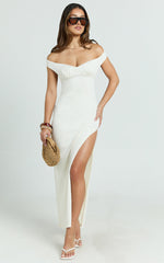 Anziel Maxi Dress - Underwire Off Shoulder Backless Column Jersey Tie Back in Off White