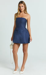 Benson Playsuit - Strapless Fit and Flare Playsuit in Navy Polka Dot