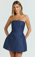 Benson Playsuit - Strapless Fit and Flare Playsuit in Navy Polka Dot