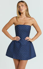 Benson Playsuit - Strapless Fit and Flare Playsuit in Navy Polka Dot