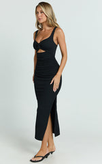 Bianca Midi Dress - Twist Front Cut Out Ruched Dress in Black