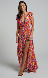 Dyliah Maxi Dress - Thigh Split Frill Shoulder Plunge Neck Dress in Spring Floral