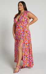 Dyliah Maxi Dress - Thigh Split Frill Shoulder Plunge Neck Dress in Spring Floral