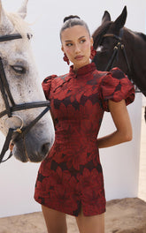 Mackay Mini Dress - Jacquard High Neck Puff Sleeve Dress in Wine