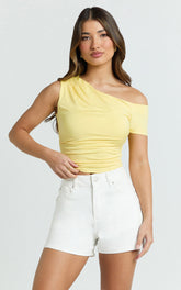 Elaine Top - Asymmetrical Off Shoulder Single Short Sleeve Gathered Detail Top in Lemon