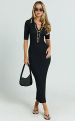 Lada Midi Dress - Short Sleeve Button Front Knit Dress in Black