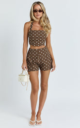 Lillie Two Piece Set - Halter Top And Matching Shorts Set in Chocolate Polka Dot