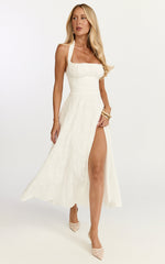 Lyra Midi Dress - Broderie Ruched Bust Halter Neck Dress in White