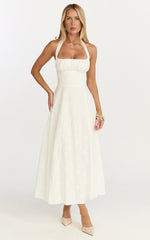 Lyra Midi Dress - Broderie Ruched Bust Halter Neck Dress in White