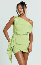 Niana Mini Dress - Drape One Shoulder Dress in Green