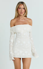 Raymond Mini Dress - Off Shoulder Long Sleeve Fitted Dress in Ivory