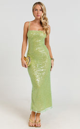Sierra Midi Dress - Sequin Square Neck Bodycon Dress in Green