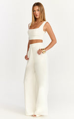 Tessa Two Piece Top and Pants Set - Square Neck Lace Trim Top And Wide Leg Pants in White
