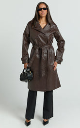 Vicki Trench Coat - Faux Leather Washed Trench Coat in Chocolate
