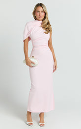 Visenta Midi Dress - Asymmetrical Sleeve Dress in Pink