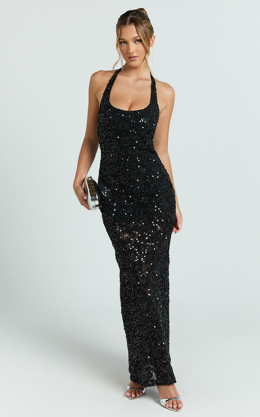Benny Maxi Dress - Halter Neck Backless Bodycon Dress in Black