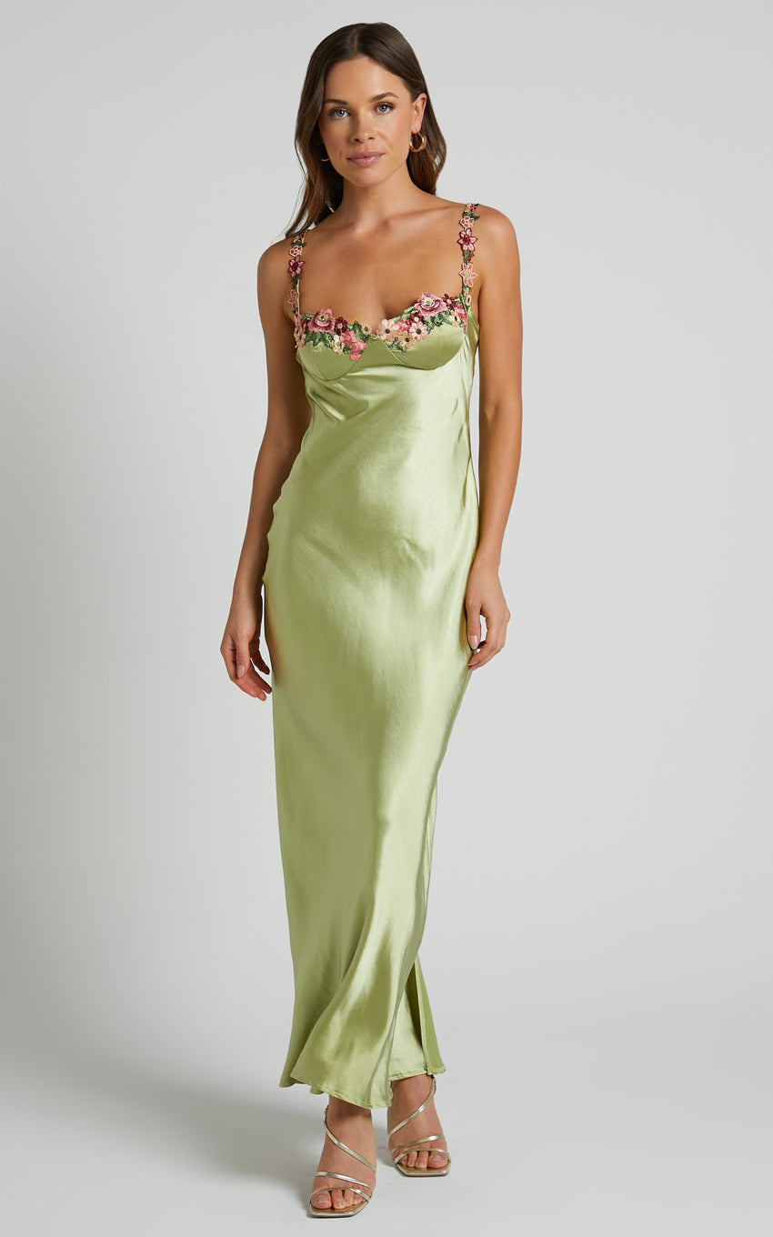 Harmony Maxi Dress - Floral Detail Cup Bust Satin Dress in Citrus