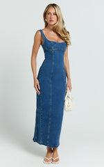 Kristie Maxi Dress - Wide Neck Corset Detail Denim Dress in Dark Blue Wash