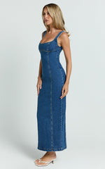 Kristie Maxi Dress - Wide Neck Corset Detail Denim Dress in Dark Blue Wash