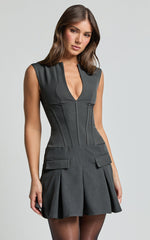 Mindy Mini Dress - Plunge Neck Pocket Detail Tailored Dress in Charcoal