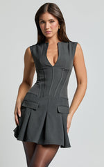 Mindy Mini Dress - Plunge Neck Pocket Detail Tailored Dress in Charcoal