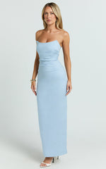 Pietra Midi Dress - Scoop Neck Side Seam Tucks Fitted Dress in Soft Blue