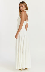 Poppy Maxi Dress - Contrast Skirt Deep Plunge Halter Dress in Off White