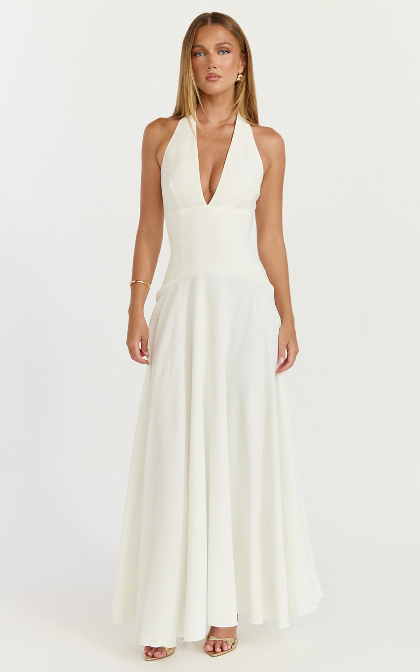 Poppy Maxi Dress - Contrast Skirt Deep Plunge Halter Dress in Off White