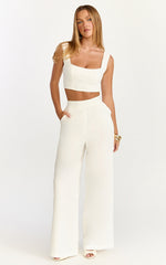 Tessa Two Piece Top and Pants Set - Square Neck Lace Trim Top And Wide Leg Pants in White