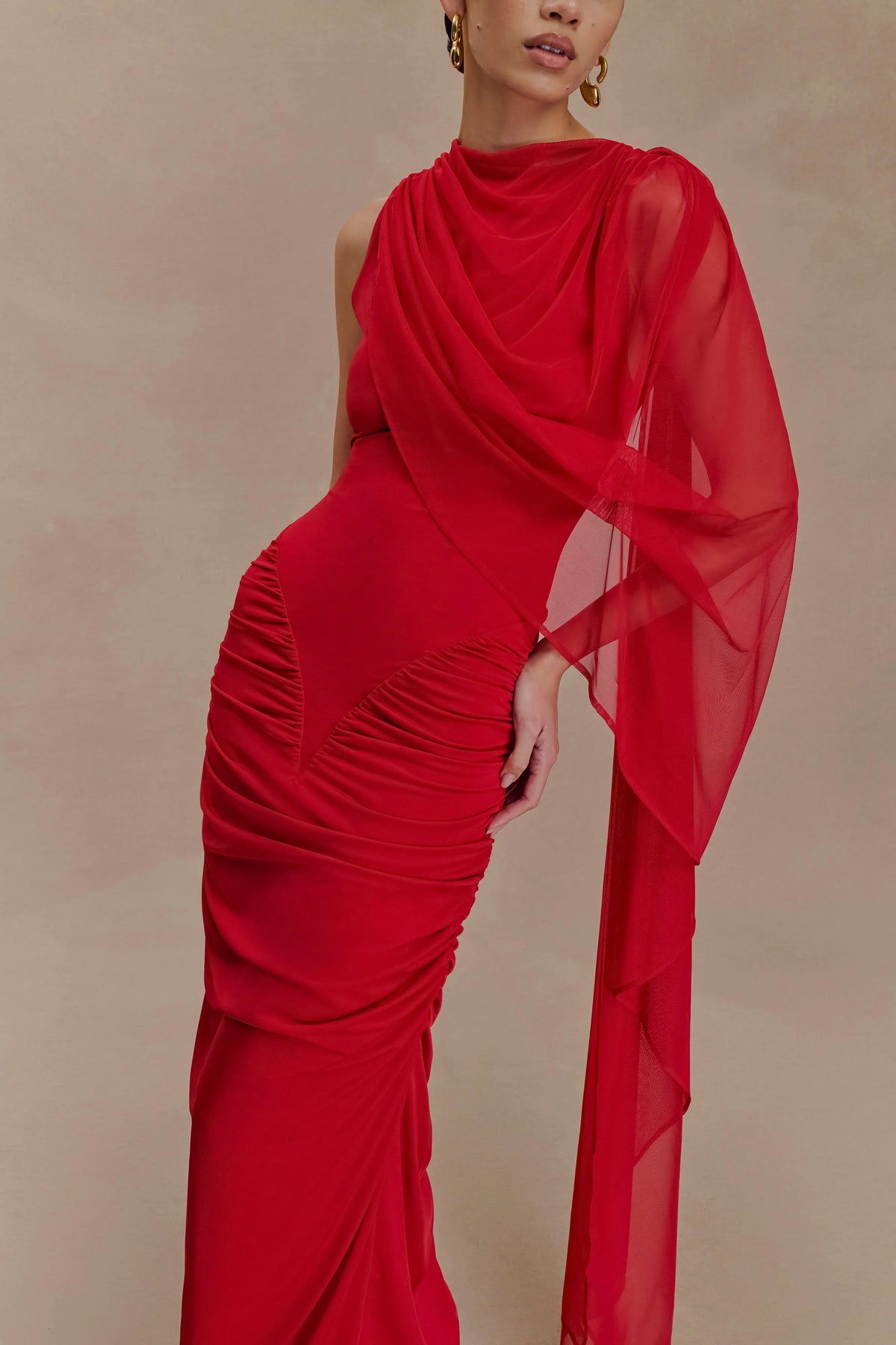 Amandine Ruched Slinky Maxi Dress - Ruby